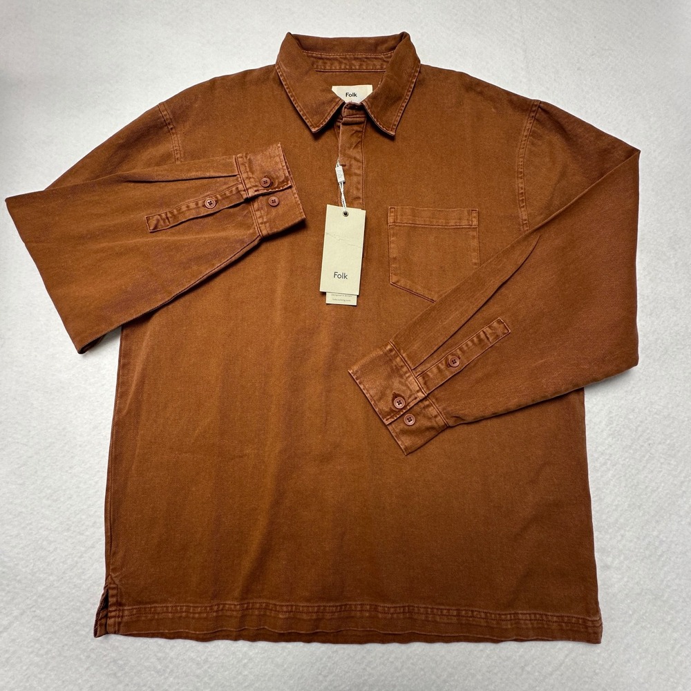 Folk Quinn Rugby Polo Mens L Spice Orange Brown Long Sleeve Cotton Heavyweight - Picture 3 of 8